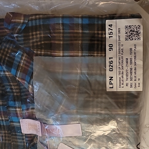 TIED UP TARTAN PJ RAW HEM SLEEP SHIRT BLUE ARUBA CANTERBURY PLAID 1X - Picture 7 of 9